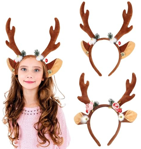 XineYuor Rentier Haarreif, 2PCS Haarreifen Weihnachten mit Blumen,Geweih Haarreifen Weihnachten Reh Haarreif Weihnachts Haarschmuck für Damen Mädchen Kinder Kostüme Zubehör