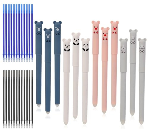 12 Stück Radierbarer Kugelschreiber Stifte 0,5 mm, Kugelschreiber mit Radiergummi mit 24 Minen, Stifte zum Wegradieren, Gelstifte Radierbar für Studenten Geschenk, Schul Bürobedarf (Schwarze, Blaue)