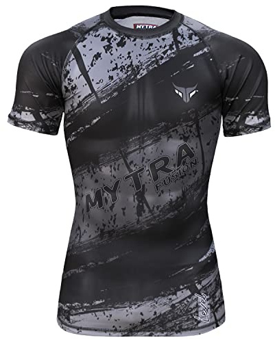 Mytra Fusion Rashguard BJJ Camiseta Compresion Breathable & Ultra Lightweight Rashguard para MMA, Gimnasio, Entrenamiento, Correr y Ciclismo (FR/ES, Letras, M, Regular, Regular, Black/Grey)