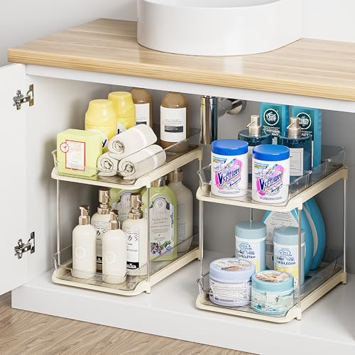 Delamu 2 Pack 2-Tier Under Sink Storage Bathroom, Multi-Purpose Cupboard Organiser, Stackable Kitchen Storage and Organisation, Pull Out Medicine Cabinet Organiser with 8 Movable Dividers, Beige
