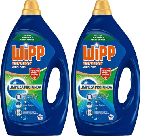 Wipp Express Limpieza Profunda Higiene y Antiolores (55 lavados), detergente líquido quitamanchas para lavadora, para coladas higiénicamente limpias (Paquete de 2)