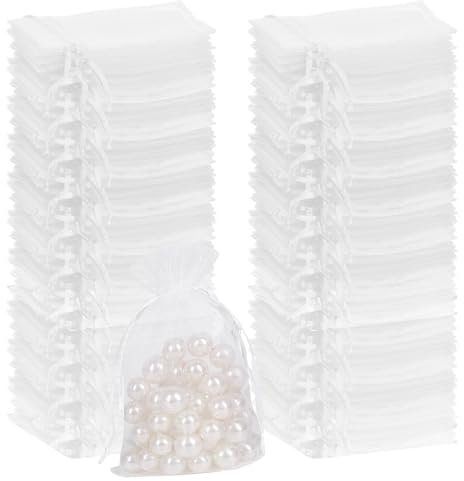 KINDPMA 100 Stück Organzasäckchen Geschenksäckchen 10x12 cm Klein Organzabeutel mit Kordelzug Organza Durchsichtig Organza-Säckchen Weiß für Schmuck Hochzeit Süßigkeiten