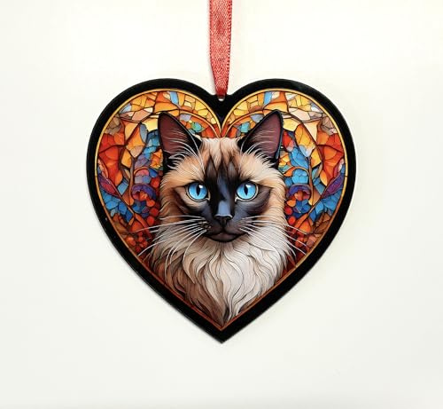 Siamese Cat Heart Suncatcher - Memorial or Gift for Cat Lovers - 13cm