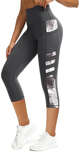 Tuspryt Sport Leggings Damen mit Taschen,Blickdichte High Waist Sporthose Damen 3/4 Fitnesshose Laufhose Capri Gym Leggins