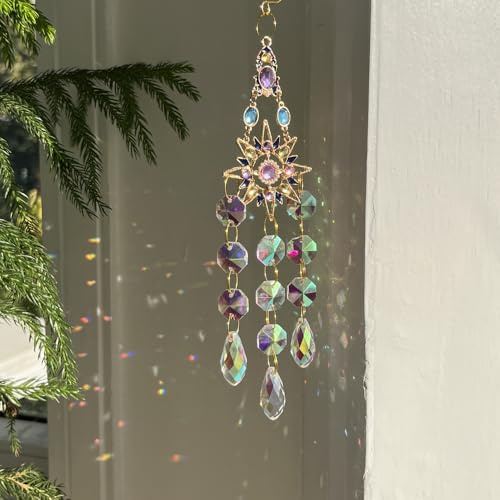 Colorful Crystal Suncatcher,Crystal Dream Catcher with Chain Pendant Ornaments Hanging Crystals Prism Rainbow Maker fit for Windows Indoor Outdoor Car Garden Decor Wedding Party (Sun)