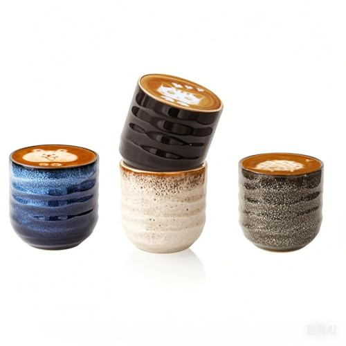 Kynthyre Set of 4 No-Handle Ceramic Coffee & Tea Cups, 6.8oz, Japanese Style, Espresso Cups for Home, Office & Gifts, Microwave & Dishwasher Safe