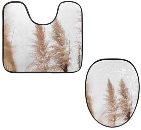 VAPOKF 2 Pieces Pedestal Bathroom Rugs Set, U-Shaped Contour Mat and Toilet Lid Cover, Soft Non-Slip Flannel Bathroom Mat Toilet Seat Cover - Reed
