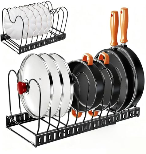 MAIJIAJU Erweiterbarer Topfdeckelhalter, Pfannen Organizer mit 13 Verstellbaren Teiler, Pfannenhalter Schublade Deckelhalter Teller Organizer für Schrank, Topfdeckel Aufbewahrung für Küche, Schwarz