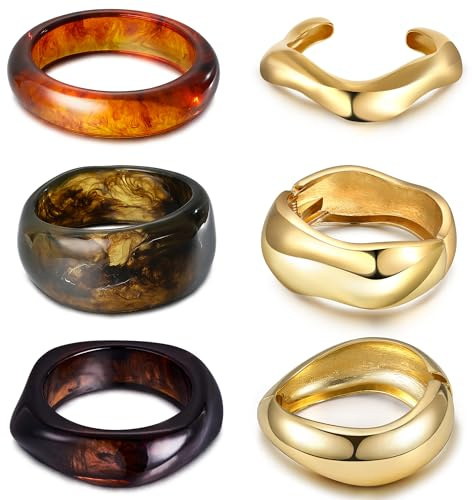 MEDOJO 6 Pcs Chunky Bangle Bracelet for Women Open Golden Wide Wrist Irregular Acrylic Resin Bangles Bracelets Trendy Stackable Cuff Jewelry