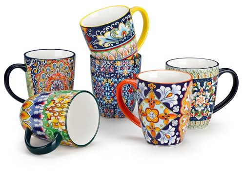 vancasso SIMI Mugs Set, 12oz/360ml Porcelain Coffee Mug Set of 6, Bohemian Style Tea and Coffee Cups with Handle, Microwave & Dishwasher Safe, Suitable for All Kinds of Drinks