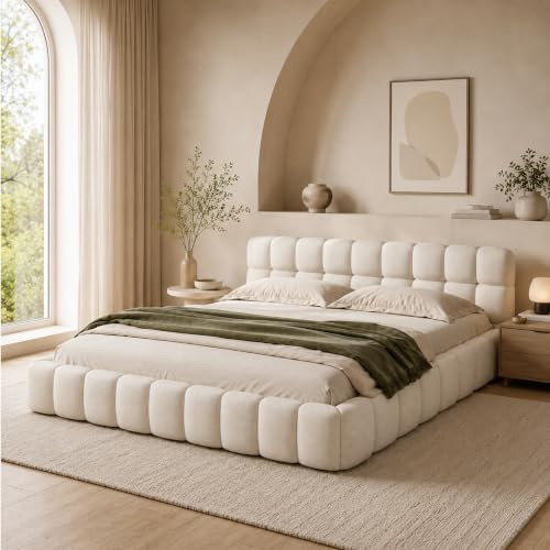 Lit Double Rembourré 140x200 cm, Lit Bubble avec Sommier à Lattes, Lits 2 Personnes Capitonne avec Tête de Lits, Cadre de Lit pour Adulte Chambre à Coucher et Chambre d'amis, sans Matelas, Lin