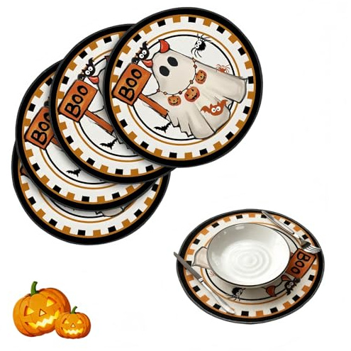4 Piezas Mantel Individual de Halloween,35cm Redondo Manteles Individuales Lavables,Manteles Individuales Decorativos de Otoño,Set de Decoración para Fiesta de Halloween