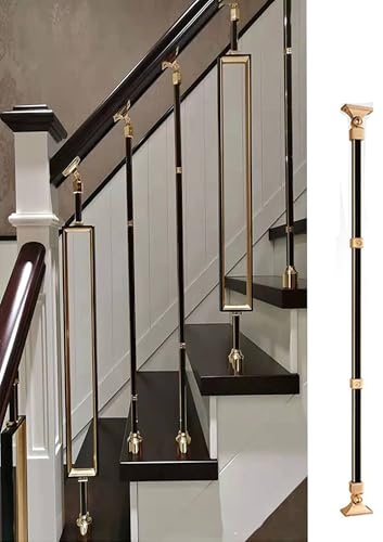 Balaustres de escalera de aleación de aluminio negro dorado – Kit de barandilla cuadrada con soportes planos y soporte frontal de piso para cubiertas interiores, escaleras y villas – 1 paquete