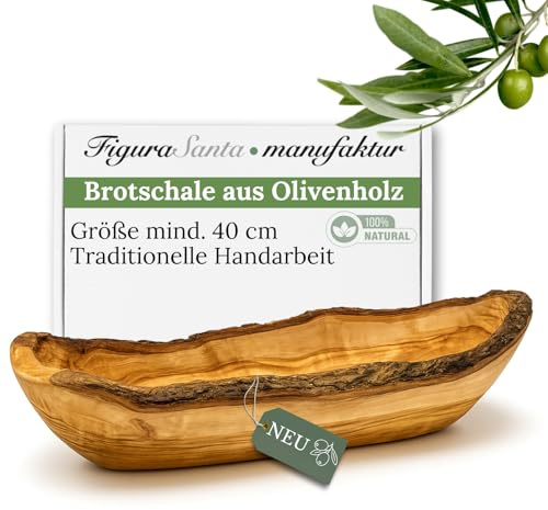 Figura Santa Olivenholz Brotschale- Handgefertigte Holzschale mit glattem Rand, rustikale Schüssel für Brot, Snacks & Antipasti, nachhaltige mediterrane Tischdekoration(40-44 cm)