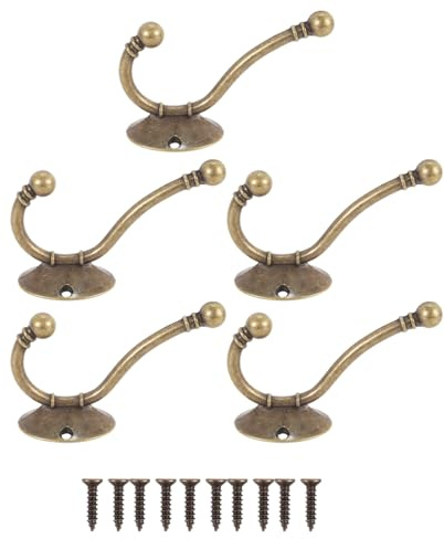 DUZEPA Juego de 5 ganchos de pared, ganchos dobles retro resistentes para abrigos, ideales para dormitorio, baño, cocina, pasillo u oficina (bronce vintage).