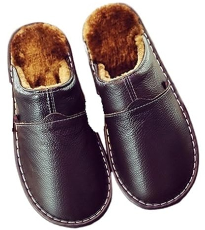 ZHOUXYFDC herrtofflor läder hemmatofflor vinter varma plyschtofflor sovrum unisex hus inomhusskor, Svartbrun, 42 EU