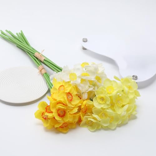 MonoSora Künstliche Narzissensträuße, 3 Stück, gelb, weiß und orange, realistische Kunststoffblumen für Hängekörbe, Haus und Garten Dekoration