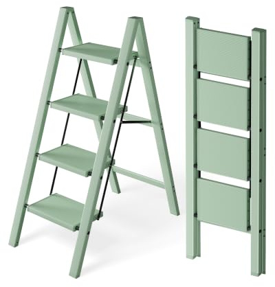 Attestierer Escalera Plegable 4 Peldaños, Taburete Escalera Aluminio | Capacidad De Carga 150 Kg, Escalera Con Pies Antideslizantes & Peldaños Anchos, Interior & Exterior, Minimalista, Verde Claro