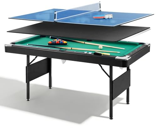 Rovibek 63.8 Portable Pool Table, 3 in 1 Multi Game Table Includes All Accessories, Foldable Dining Pool Tables Ping Pong Tables Combo for Adults Kids and Family