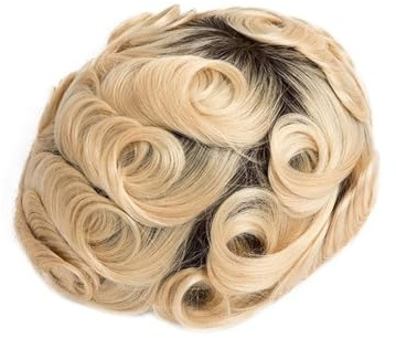 Peluca corta para hombre Prótesis capilar masculina de piel fina, Base PU, peluquín for hombres, doble nudo, raíces marrones, Color rubio degradado Cubierta de calvicie(7x9)
