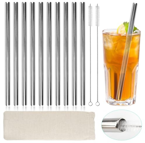 LEIMEND Set di 13 Cannucce Riutilizzabili 215x10MM Cannucce Acciaio Cannuccia Metallo Cannuccia Acciaio Inox con 2 Spazzole per la Pulizia e Sacchetto per Frullati Succhi Milkshake Boba e Bubble Tea