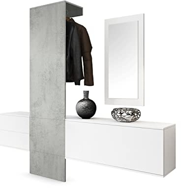 Vladon Garderobe Wandgarderobe Carlton Set 1, Made in Germany, Korpus in Weiß matt/Paneel in Beton Oxid Optik
