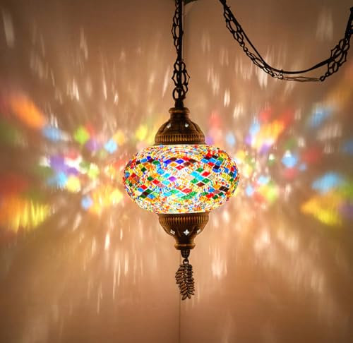 DEMMEX Lampada a sospensione a mosaico turco marocchino, lampada da soffitto con catena da 4,5 metri e spina, fatta a mano, prodotta in Turchia (multicolore)