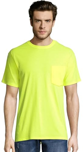Hanes Men's Workwear Pocket T-Shirt Pack, Moisture Wicking Tee, Odor Control, 2-Pack, Safety Green, X Large