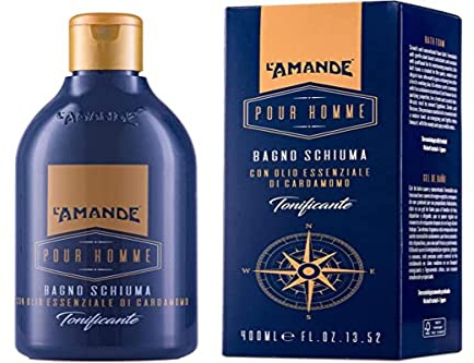 L'AMANDE - Bagnoschiuma Uomo Rinfrescante e Agrumato con Olio Essenziale Cardamomo e Limone, Docciaschiuma Gel Detergente e Idratante Corpo, Bagno Schiuma Delicato e Energizzante - Pour Homme, 400 ml