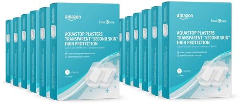Amazon Basic Care - Wasserfeste Pflaster (transparente „zweite Haut“ mit hohem Schutz), 60 Stück (12 Packungen mit 5), 7,5 x 5 cm