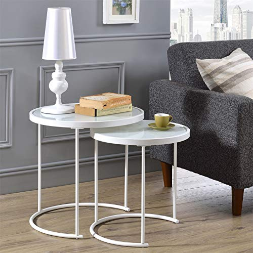 IDIMEX Lot de 2 Tables d'appoint LEYRE Tables Basses de Salon gigognes, Tables à café, Bouts de canapé Design Industriel, Plateau Rond en Verre trempé Blanc Cadre en métal Blanc