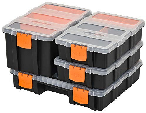 DURHAND Set Of 4 Plastic DIY Tool Storage Boxes w/Inside Dividers Locking Lids Home Garage Organisation Stacking Arts Crafts Bolts Black Orange