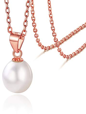 Silvora Perle Halskette Kette Damen Anhänger 9mm Süßwasser Zuchtperle Schmuck Kette Damen Perle Halskette Rosegold Teardrop Perle Anhänger Halskette für Frauen