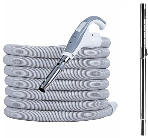 HouseVac Premium Saugschlauch für Zentralstaubsauger Länge 9-12m und Teleskoprohr | Beide Schlauchenden drehen Sich um 360 Grad | mit EIN/AUS-Schalter | Clipbefestigung (12m)
