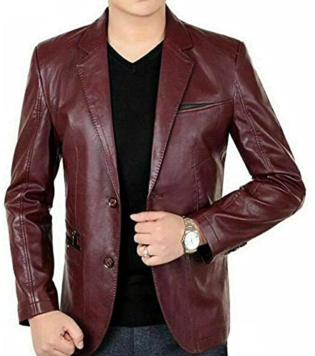 Fashion_First Blazer classique à deux boutons en cuir véritable pour homme Coupe ajustée Marron