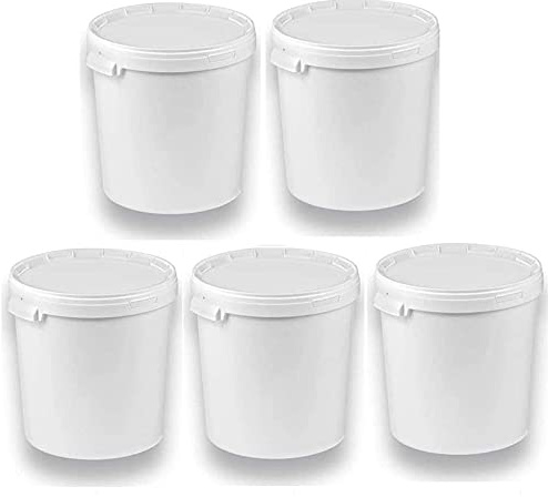 Silplast 5 x 30 Liter Eimer mit Deckel, Weiß, lebensmittelecht, 5 Stück | Stapelbar, Kunststoffeimer, Milch-/Vorratseimer, Honigeimer, Lebensmittelbehälter, Leereimer für Mehl, Wassereimer