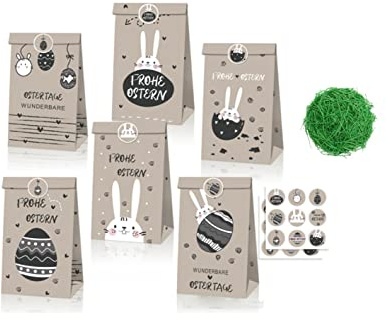 Super Idee 12 graue Ostertüten Papiertüten Geschenktüten Text Frohe Ostern19.8 x 11.9 x 7.8 CM + 18 Osteraufkleber + 20 g Ostergras in grün Osterdeko zum Basteln Verpacken von Geschenken