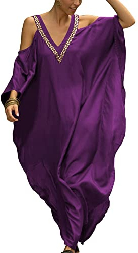 Bsubseach Turkish Cold Shoulder Kaftan Dresses Swimsuit Cover Up Maxi Dress Beach Cover Ups Purple