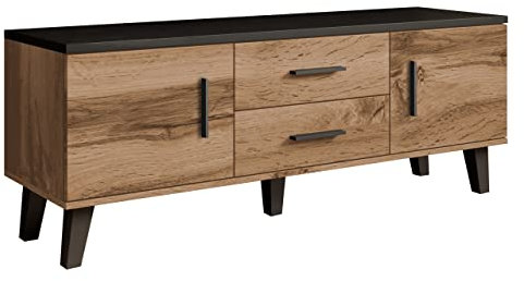 Mirjan24 TV-Schrank Lotta II 140 2D2S, TV-Tisch im skandinavischen Stil, Fernsehtisch, Lowboard, Fernsehschrank, TV-Bank, TV-Möbel (Eiche Wotan + Schwarz)
