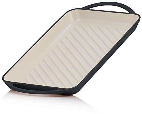 Mahlzeit Plancha de Hierro Fundido Esmaltado Blue Berry | 39,5 x 22 x 3,5 cm | Parrilla para Asar con Asas, Rectangular, Estriada | Placa de Hierro Fundido Cocina Gas, Eléctrica, Inducción