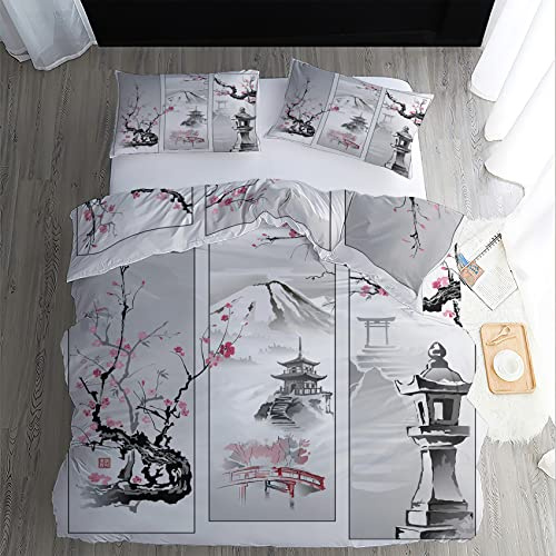 Funda Nordica Cama 135/150 Japon, Flores de Cerezo Monte Fuji - Funda Edredon 220 x 240 cm y 2 Fundas de Almohada 50x75 cm, Juego de Ropa de Cama 3 Piezas, Fundas Nordicas Microfibra Suave