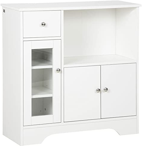 HOMCOM Aparador Blanco Aparador de Cocina Moderno con Puerta de Vidrio Cajón Estante Abierto y Baldas Ajustables Mueble Auxiliar de Almacenaje para Comedor Salón 80x30x82 cm Blanco | Puerta de Vidrio, Cajón, Estante Abierto, Baldas Ajustables, Mueble Auxiliar de Almacenaje, Comedor, Salón