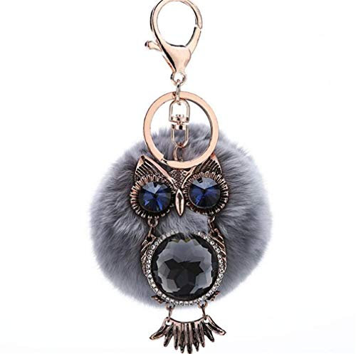 Canarea Schlüsselanhänger plüsch ball Elegant bommel Keychain Taschenanhänger,Weich Pompom Schlüsselring mit Glitzer Strass Eule Plüsch-Kugel Auto-Anhänger Zubehör (Grau)