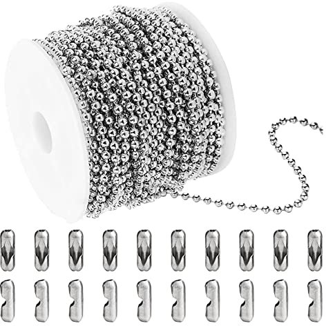 HugeDE 10m Stainless Steel Ball Chain Dog Tag Chain Ball Beaded Necklace Chains with 20 Pcs Matching Connectors Clasps for Jewelry Making 2mm