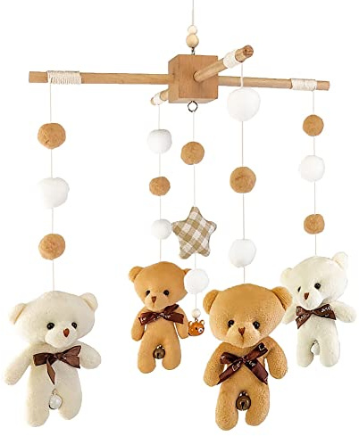 Surakey Babe Mobile, Mobile Musical Lit Bébé, Bébé Berceau Mobile Musical, Mobile Bebe en Bois Ours en Peluche Décoration de Berceau Garçon Et Fille, Pendentif Suspendus Lit de Bébé Décoration