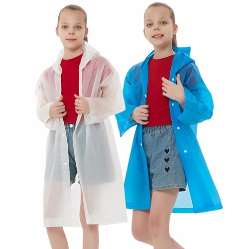 Rain Ponchos Raincoats for Kids, Reusable Boys Girls Rain Jackets Emergency with Hood for Family Disney Travel Outdoor (White+Blue)
