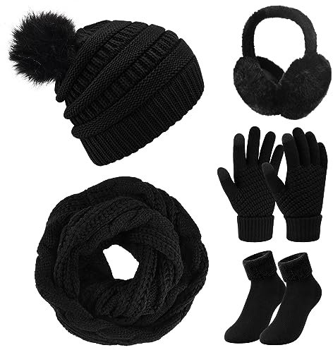 Vijamiy Mütze Schal Handschuhe Set Damen,Ohrenwärmer Und Wintersocken Winterset Touchscreen Handschuhe Wärme Winddicht Pudelmütze Geschenke Für Frauen(Schwarz)
