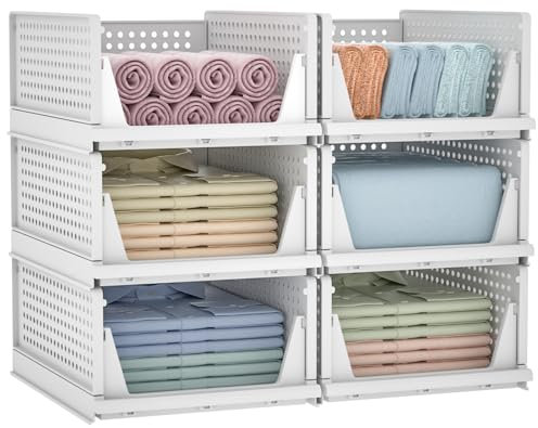 Yorbay Set da 6 Contenitori Impilabili per Armadi in Plastica Staccabili, Cassettiere, Divisori per Vestiti, Guardaroba, Camera da Letto, Bianca (43x33x19cm, Set da 6, Bianco)