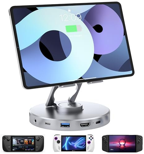 Docking Station 10 in 1 4K@60Hz HD SD TF 4.0 Reader,Gigabit Ethernet RJ45 100W PD,3.5mm Audio Jack,USB A,USB C Rotatable Folding Type-C Tablet Ständerhalter fur iPad,Steam Deck,ROG,Legion Go Gray