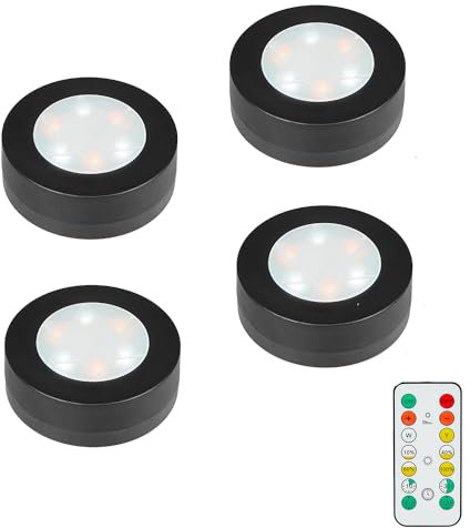 MOUJUCHI Luci Armadio,4PCS Under Cabinet Lights Luce a Batteria Lampada con con Telecomando Vetrine per Armadietto, Scale, Cucina, Corridoi, Camera